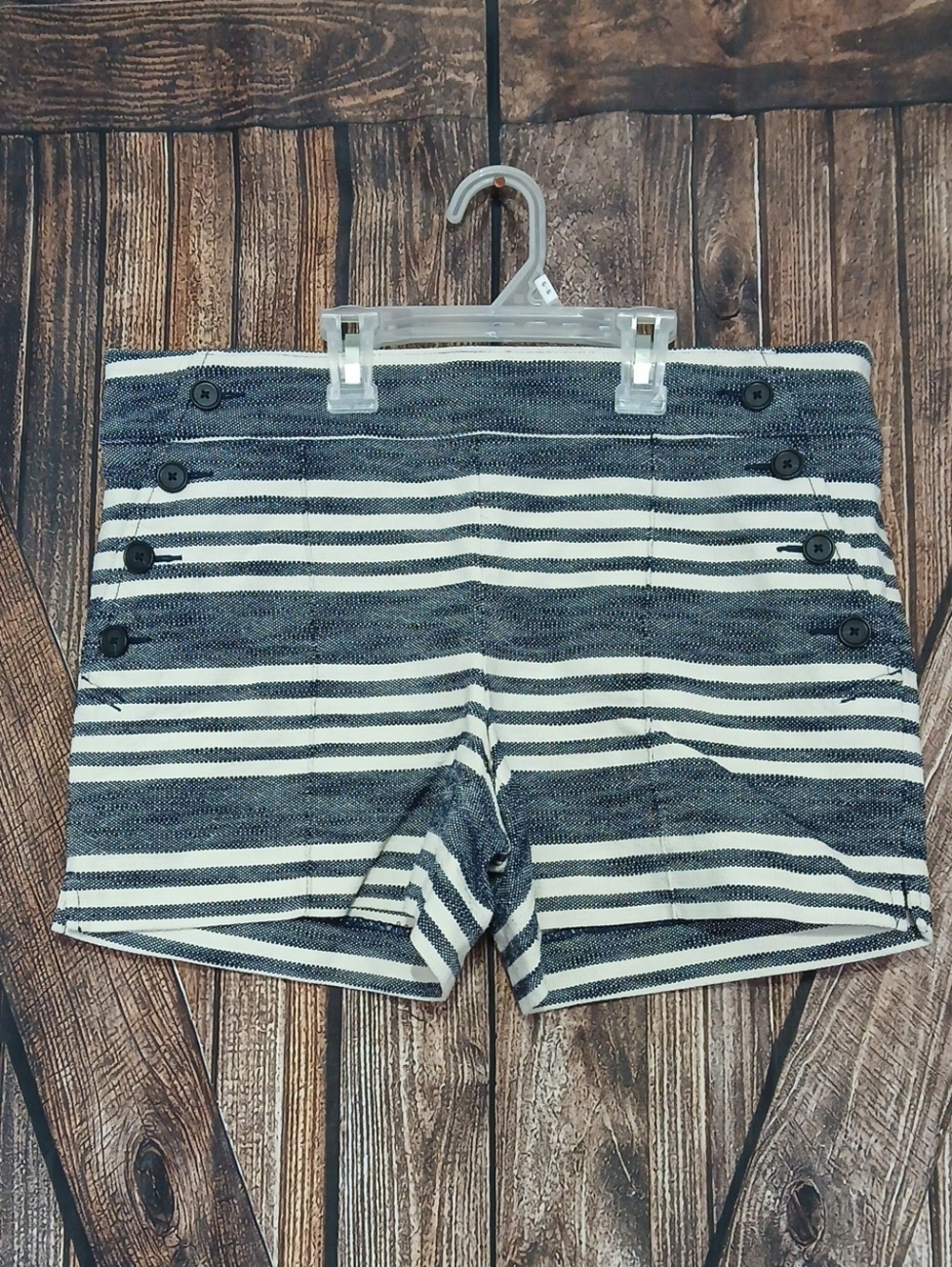 LOFT Navy and White Striped High-Waist Button-Trim Shorts